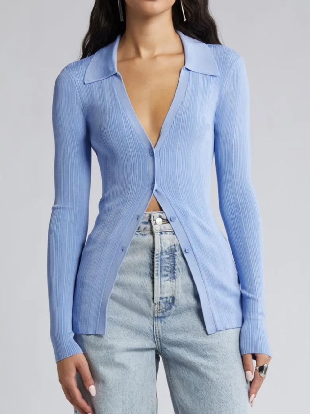 Open Edit Collar Rib Cardigan BLUE HYDRANGEA Size Large